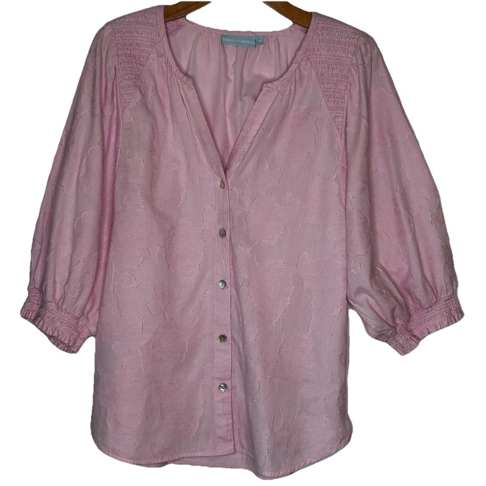 Blue Illusion 3D Floral Pink Blouse Top Med Puff Sleeve Smock Shoulders Romantic